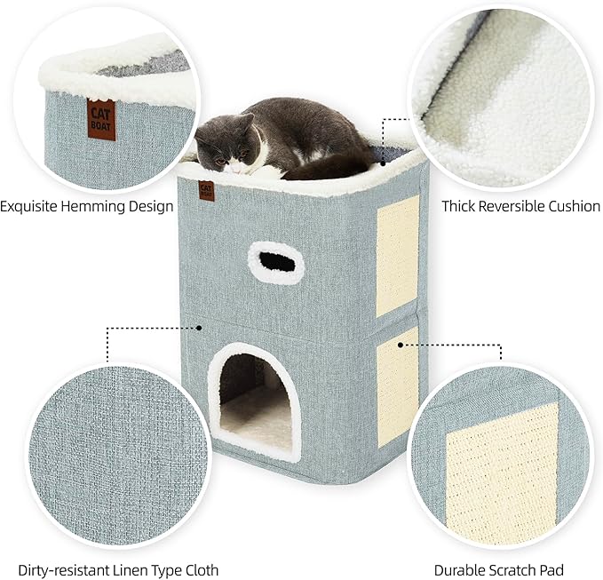 CATBOAT 2-Storey Cat House for Indoor Cats Bed, Covered Cat Beds & Furniture with Scratch Pad and Hideaway Cave, Cute Modern Cat Condo for Multi Small Pet Large Kitten Kitty, Light Grey