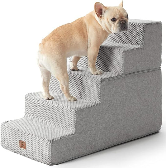 EHEYCIGA Dog Stairs for High Bed 22.5”H, 5-Step Dog Steps for Bed, Pet Steps for Small Dogs and Cats, Non-Slip Balanced Dog Indoor Ramp, Light Grey