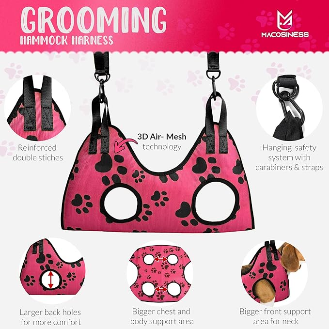 Pet Grooming Hammock for Nail Trimming - Complete Groomers Helper Set for Pet - Dog Grooming Hammock with Hook - Cat Nail Clipper - Dog Hammock for Nail Clipping (M, Pink with black paws)