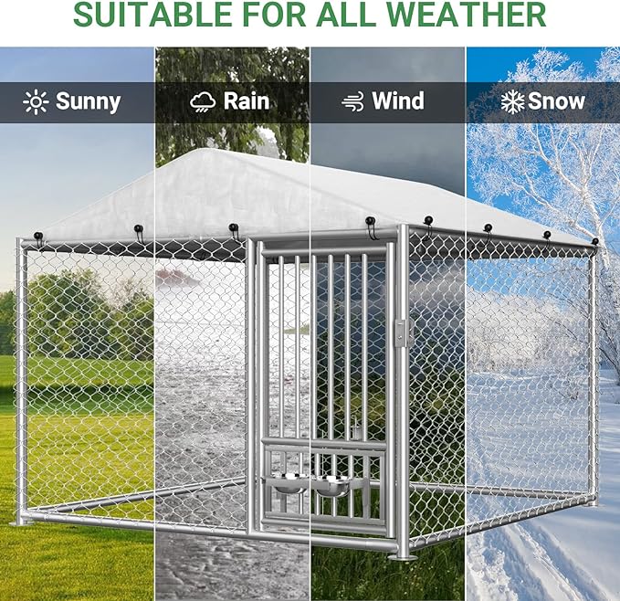 Outdoor Dog Kennel with Roof, Outside Dog Kennel Heavy Duty Dog Run Fence with Waterproof Sun-Proof Cover and 2 Stainless Steel Dog Bowl