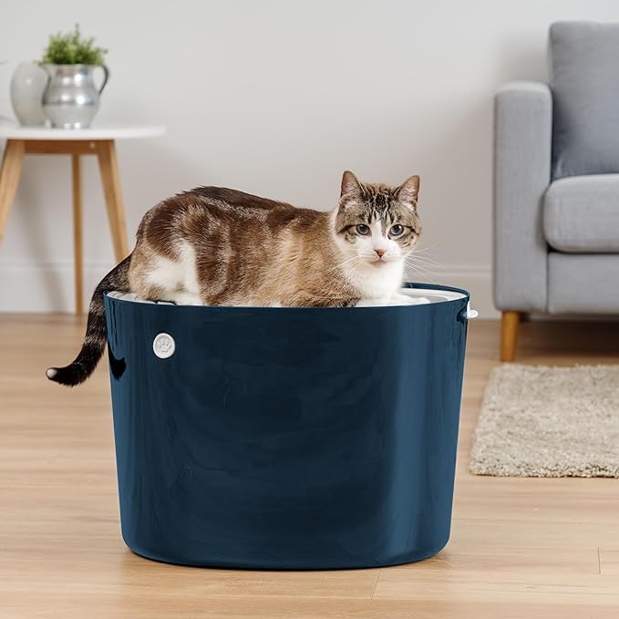 IRIS USA Large Top Entry Cat Litter Box with Scoop, Stylish Round Cat Litter Box Enclosure, Kitty Litter Box, Navy/White