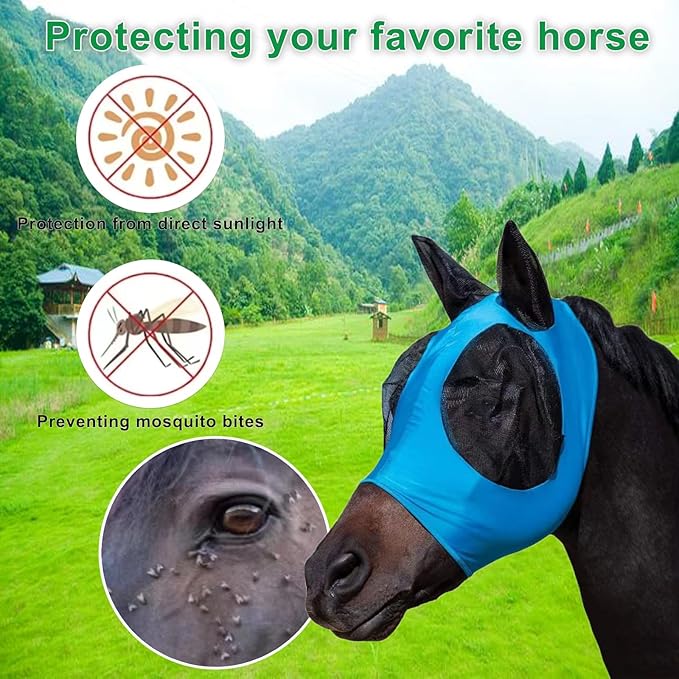 3 Pcs Horse Fly Mask-Fly Masks for Horses with Ears, Breathable Elastic Fabric for Sun Protection for Large/Medium Size Adult Horses (Pink-Purple-Blue, Large)