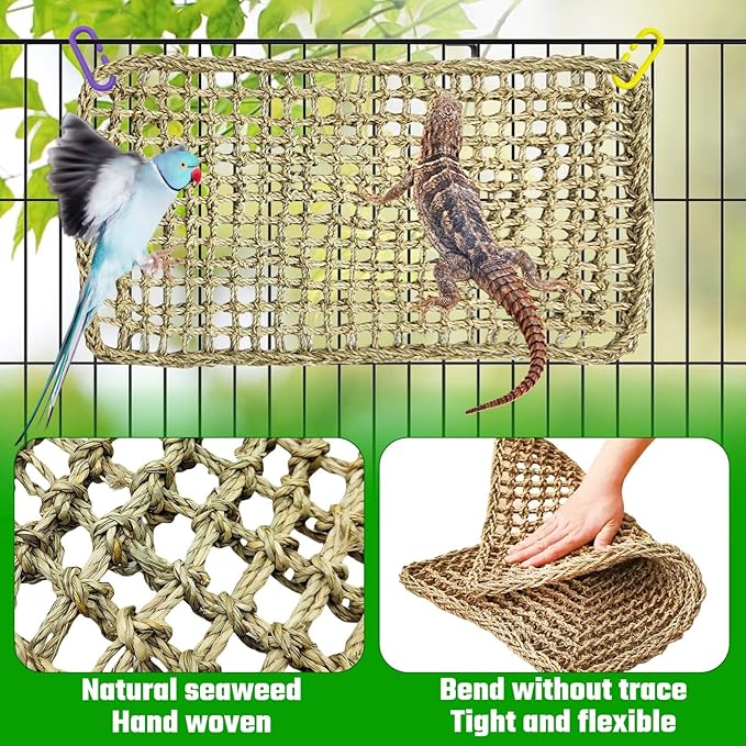 Large Bird Seagrass Mat 23.7×13.8''Natural Seagrass Woven Bird Net Hammock Climbing Rope Ladder with Hooks Chew Toy for Parrot Guinea Pig Lovebird Cockatiel Pigeon