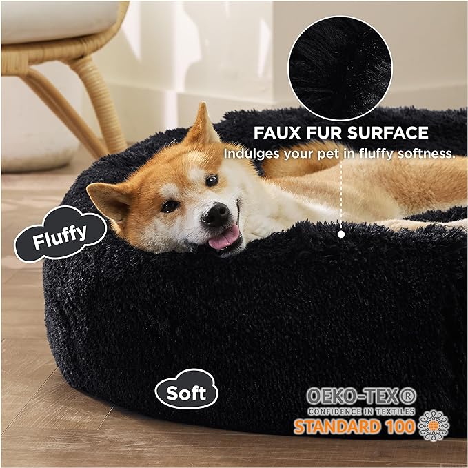 Bedsure Calming Dog Bed for Medium Dogs - Donut Washable Medium Pet Bed, 30 inches Anti-Slip Round Fluffy Plush Faux Fur Cat Bed, Fits up to 45 lbs Pets, Black