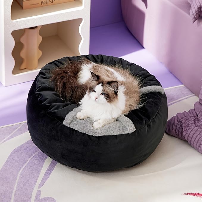 Lesure Cat Bed with Cover Cave - Covered Round Kitten Bed with Hooded Blanket, Machine Washable Burrow Pet Bed for Indoor Cats, Extra Small Cozy Cave Puppy Bed with Anti-Slip Bottom, Black 20"