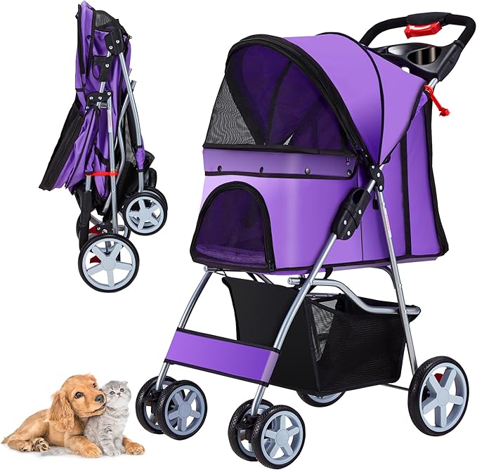 Pet Stroller 4 Wheels Dog Cat Stroller for Medium Small Dogs Cats, Folding Cat Jogger Stroller with Storage Basket & Breathable Mesh, Easy to Walk Travel Carrier, Purple