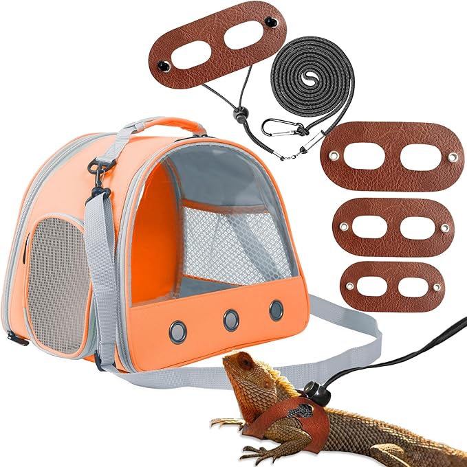 Guinea Pig Carrier,Guinea Pig Carrier for 2,Reptile Travel Carrier for Lizards Sugar Glider Hedgehog Rat Parrot Birds (Orange, Carrier+Harness Leash Brown)