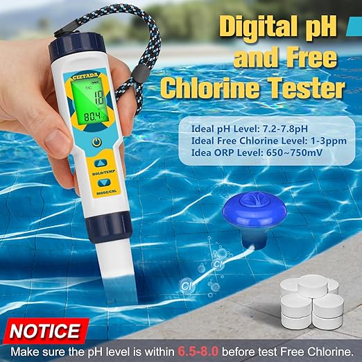 Saltwater Pool Tester Free Chlorine Meter pH and Salinity Tester 7 in 1 Free Chlorine pH Salt ORP TDS EC Temp Meter Digital Pool Water Tester pH and Free Chlorine Meter for Pool Hot Tub Spa
