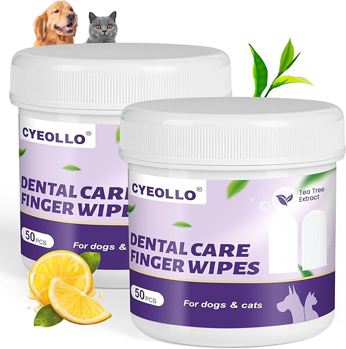 cyeollo Dog Dental Wipes for Teeth Cleaning Pet Finger Wipes Reducing Plaque & Tartar, Breath Freshener Disposable Gentle Cleaning & Gum Care Pet Wipes for Dogs Cats No-Rinse Toothbrush, 100 Counts