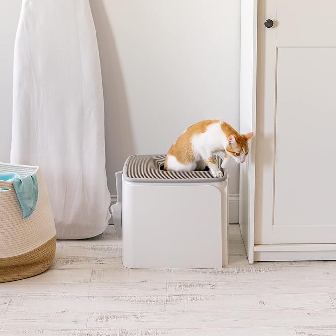 IRIS USA Premium Top Entry Cat Litter Box with Scoop, Square Cat Litter Box Enclosure, Kitty Litter Box, White/Gray