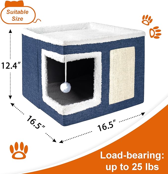 Cat Houses for Indoor Cats - Large Cat Bed Cave for Cat House with Scratch Pad and Fluffy Ball, Foldable Cat Hideaway with Reversible Cushion Cat Condo for Multi Small Pet, Navy Blue