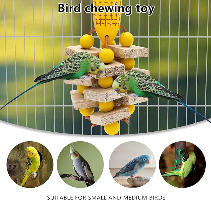 Bird Parrot Toys with Wood Blocks Beads and Colorful Ball, Corn & Carrot Style Hanging Parrots Cage Chewing Cascade Bite Toy for Small Medium Birds (Corn+Carrot)