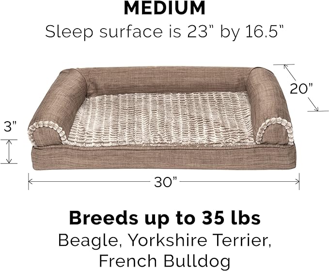 Furhaven Memory Foam Dog Bed for Medium/Small Dogs w/ Removable Bolsters & Washable Cover, For Dogs Up to 35 lbs - Luxe Faux Fur & Performance Linen Sofa - Woodsmoke, Medium