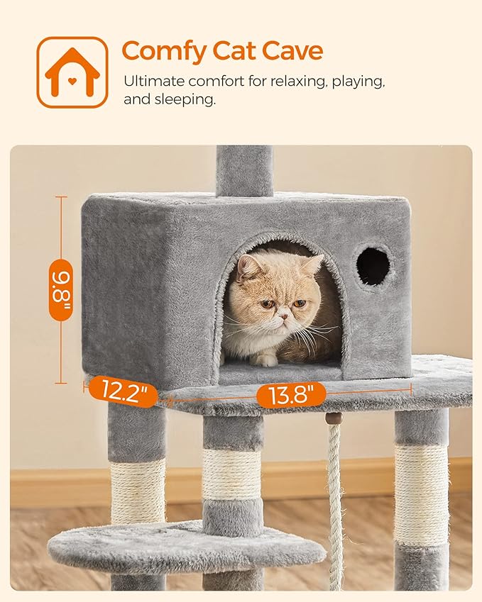 FEANDREA Cat Tree, Cat Tower for Indoor Cats, 56.3-Inch Cat Condo with Scratching Posts, Hammock, Plush Perch, Light Gray UPCT15W