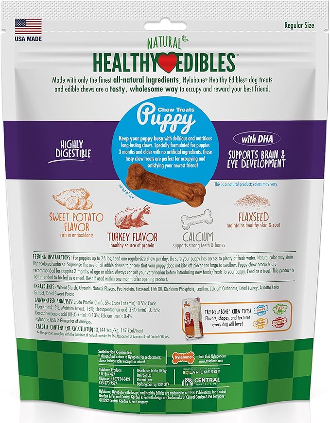 Nylabone Healthy Edibles Natural Puppy Chews Long Lasting Turkey & Sweet Potato Flavor Treats for Dogs, Small/Regular (8 Count)