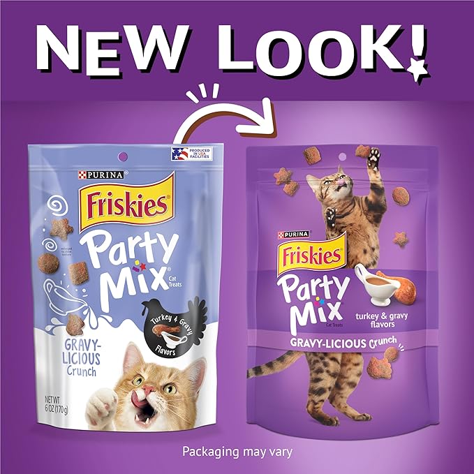 Purina Friskies Cat Treats, Party Mix Gravy-licious Crunch Turkey and Gravy Flavors - (Pack of 6) 6 oz. Pouches