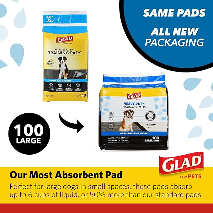 Glad for Pets Heavy Duty Activated Carbon Training Pads, 24" x 24" | Ultra Absorbent Training Pads - Absorbs 50% More Than Standard Pad; Heavy Duty Puppy Potty Training Pads, 100 Count - 4 Pack