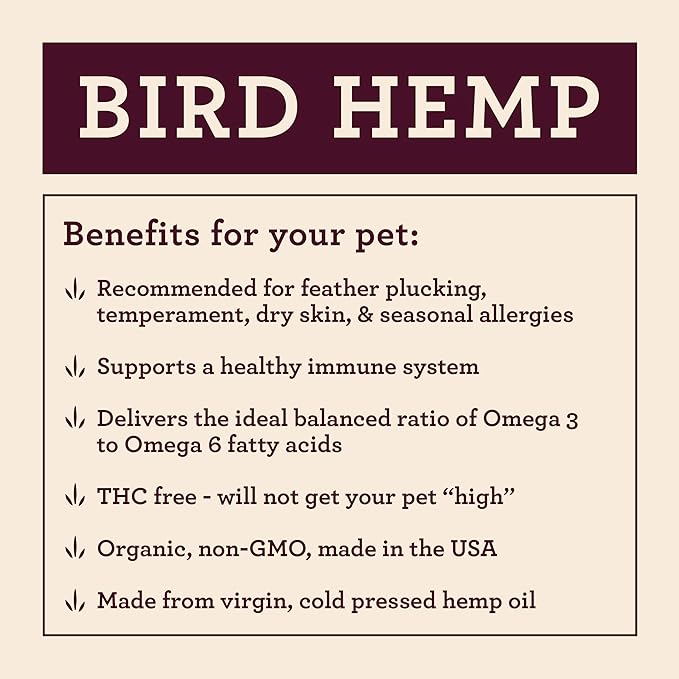 Organic Hemp Well Bird Hemp Oil – 2 Ounces. Parrot, Parakeet, Cockatiel and All Birds for Supporting Health, Feather Plucking, Destructive Behavior Reduction, Immune Support, and Relaxation.