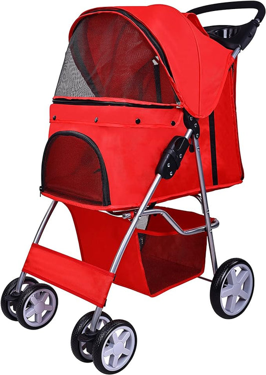 Pet Stroller, 4 Wheels Multifunction Dog Cat Stroller, Folding Portable Travel Stroller with Detachable Carrier, Suitable for Medium Small Dogs Cats, Red