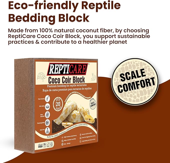 ReptiCare Organic Coconut Coir Compressed 10lb Block - Expands to 80 Quarts, Ideal Coconut Fiber Bedding for Ball Pythons, Bearded Dragons, Lizards, Tortoises, Hermit Crabs, and Bioactive Terrariums