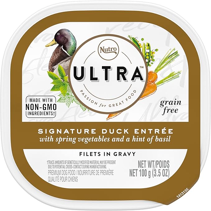 NUTRO ULTRA Grain Free Adult Soft Wet Dog Food Filets in Gravy Signature Duck Entrée With Spring Vegetables and a Hint of Basil, 3.5 oz. Trays, Pack of 24