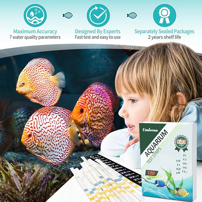 9 in 1 Aquarium Test Kit for Freshwater and Saltwater - 100 Aquarium Test Strips with Test Tube & Thermometer - Fast & Accurate Water Testing Strips for Aquarium/Pond/Pool