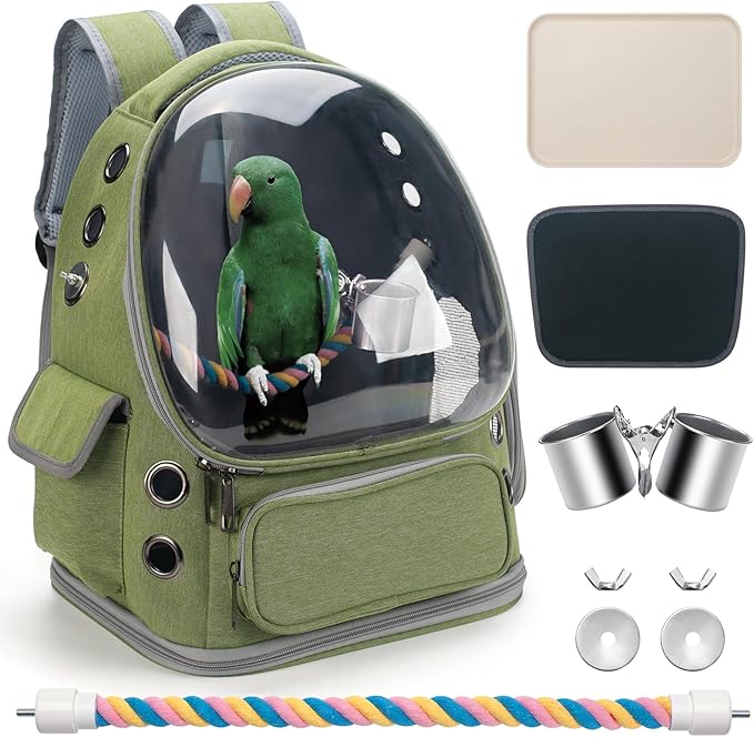 Bird Backpack Carrier Travel Cage with Perch, Tray and Breathable Clear Window, Bird Travel Cage for Cockatiel Caique Conure Quaker, for Vetting Camping Hiking (Green)