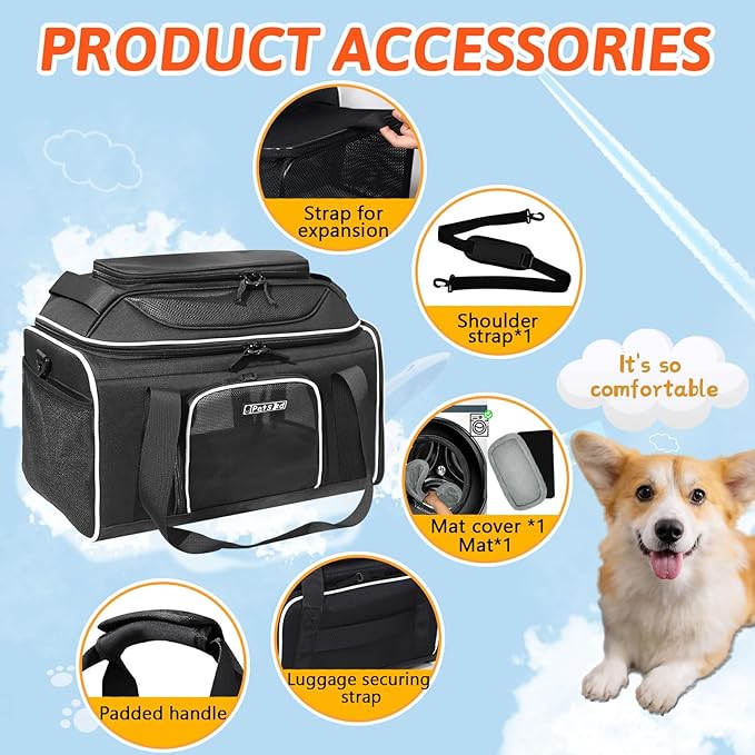 Top and Side Expandable Pet Carrier 17x11x9.5 Inches Alaska Airline Approved, Soft-Sided Carrier for Small Cats and Dogs with Locking Safety Zippers and Anti-Scratch Mesh(Black)