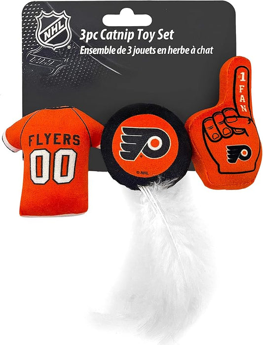 BEST PLUSH CAT TOY NHL PHILADELPHIA FLYERS Complete Set of 3 piece Cat Toys filled with Fresh Catnip. Includes: 1 Jersey Cat Toy, 1 Hockey Puck Cat Toy with Feathers & 1 #1 Fan Cat Toy. With Team LOGO