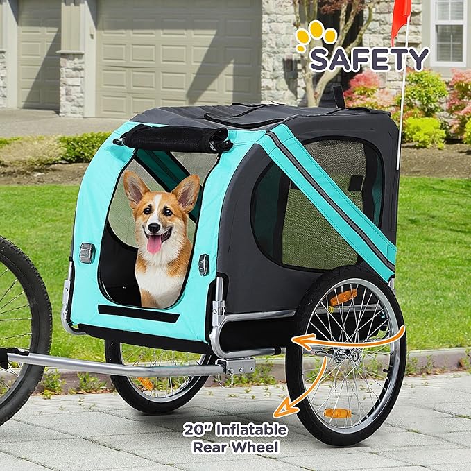 Aosom Dog Bike Trailer Pet Cart Bicycle Wagon Cargo Carrier Attachment for Travel with 3 Entrances Large Wheels for Off-Road & Mesh Screen - Green