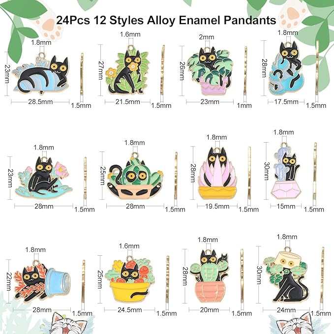LiQunSweet 24 Pcs 12 Styles Enamel Halloween Themed Animal Charms Black Cat with Potted Plant Bonsai Succulent Cactus Charms for DIY Jewelry Making