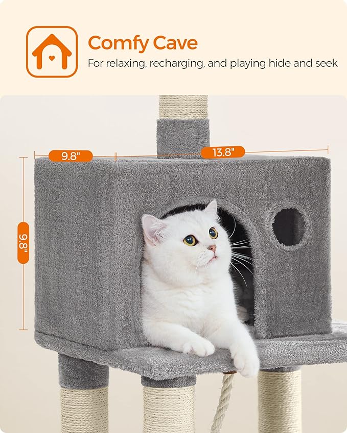 Feandrea Cat Tree, 44.1-Inch Cat Tower for Indoor Cats, Multi-Level Cat Condo with 11 Scratching Posts, 2 Perches, Cave, Hammock, Light Gray UPCT215W01