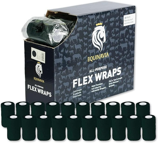 Equinavia 20 Pack Self Adhesive 4 Inch Vet Wraps with Easy-Dispenser Case | Bandages for Horses, Pets, Sports, Tattoo - Black - 20 x 5 yd - Dark Green - 20 x 5 yd