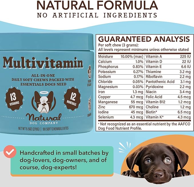 Natural Dog Company Multivitamin Chews (90 Pieces), Dog Vitamins and Supplements, Peanut Butter & Bacon Flavor, for Dogs of All Ages, Sizes, & Breeds, Supports Immune System, Antioxidant