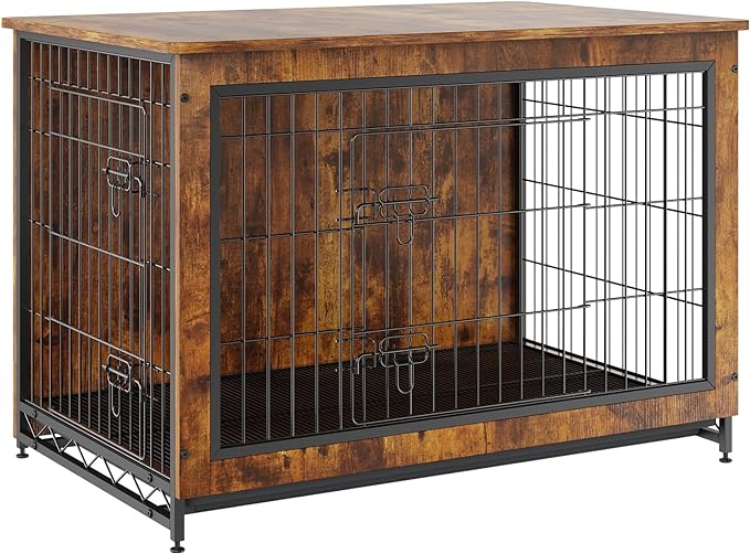 VEVOR Dog Crate Furniture, 38 inch Wooden Dog Crate with Double Doors, Heavy-Duty Dog Cage End Table with Multi-Purpose Removable Tray, Modern Dog Kennel Indoor for Dogs up to 70lb, Rustic Brown