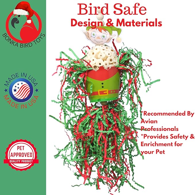 Bonka Bird Toys Christmas Elf Santa Snowman Reindeer Natural Sola Chew Forage Small Medium Bird Toy Cockatiel Parakeet Conures and Other Similar Birds (2434 Elf)
