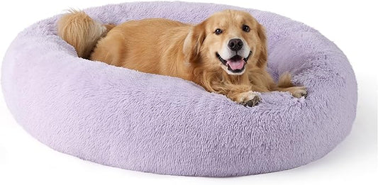 Bedsure Calming Dog Bed for Extra Large Dogs - Donut Washable Large Pet Bed, 45 inches Anti-Slip Round Fluffy Plush Faux Fur Dog Bed, Fits up to 125 lbs Pets, Purple