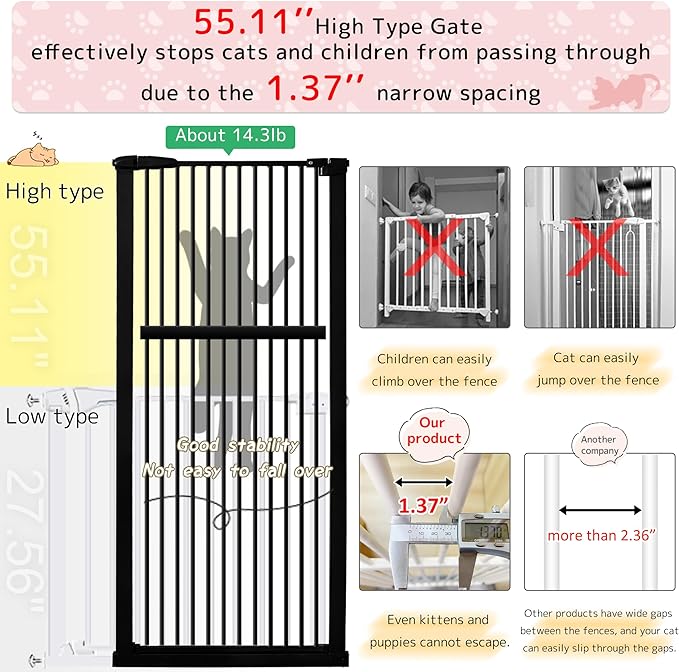 Extra Tall Pet Gate 55.12" High Pressure Mounted 38.39"-42.51" Extra Wide (9 Sizes) 1.37" Gap for Cat Dog Children Stairs Doorway Hallway No Drilling Auto-Close (38.39"-42.51", Black)
