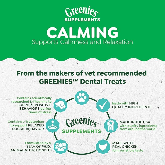 Greenies Supplements Calming Chews for Dogs Chicken Flavor, 80 Count Soft Chews Dog Calming Supplements, 4.7 oz Container