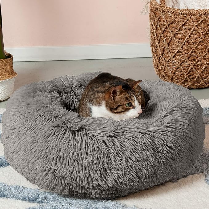 Furhaven 23" Round Calming Donut Dog Bed for Indoor Cats & Small Dogs, Washable, For Dogs Up to 20 lbs - Shaggy Plush Long Faux Fur Donut Bed - Gray, Small, 23.0"L x 23.0"W x 9.0"Th