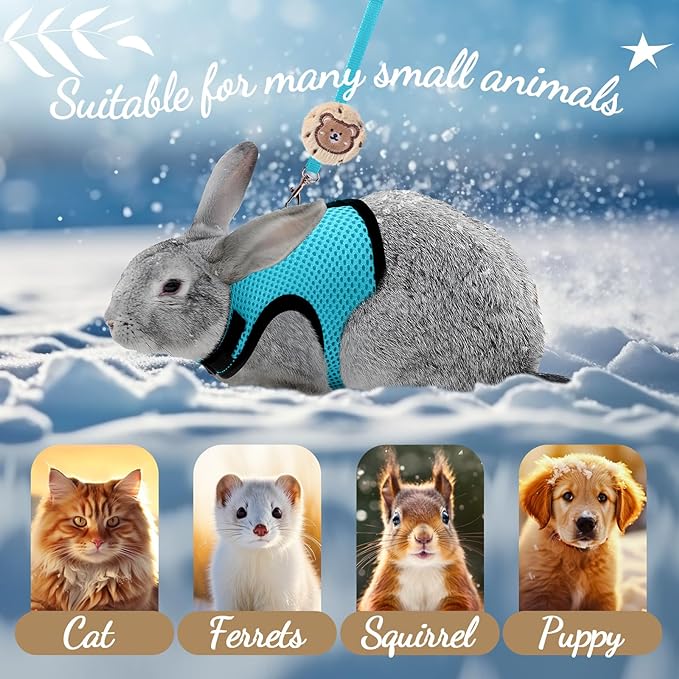 Rabbit Harness and Leash Set with 2 Cute Decorations Soft Adjustable Buckle Breathable Mesh Vest Harness for Rabbits Ferret Small Pig Puppy Walking Supplies (Light Blue,Lively Pattern)