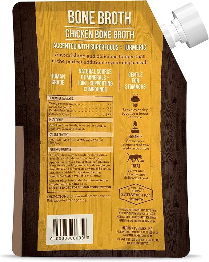 Merrick Grain Free Bone Broth, Premium Human Grade And Gluten Free Dog And Cat Food Topper Pouches, Chicken - 16 oz. Pouch.