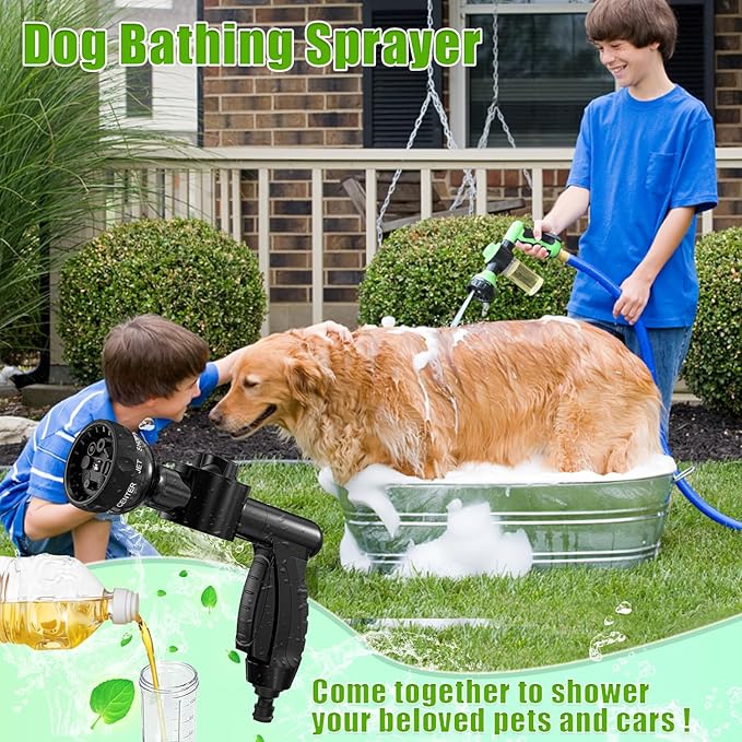 Pup Dog Jet Wash, 8-Way Spray Pattern Dog Washing Hose Attachment with Soap Dispenser, Pet Bath Brush, Garden Hose Nozzle Sprayer for Watering Plants, Lawn, Patio, Car Wash, Showering Pet Outdoor