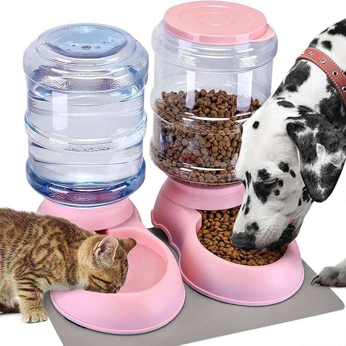 2 Pack Automatic Cat Feeder and Water Dispenser in Set Gravity Food Feeder and Waterer Pet Food Bowl for Small Medium Dog Pets Puppy Kitten Big Capacity 1 Gallon x 2