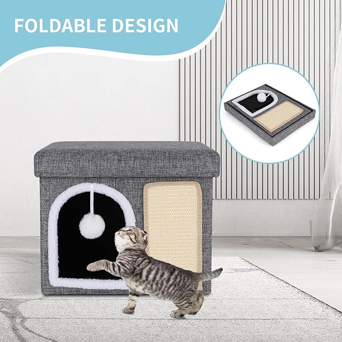 Cat Bed for Indoor Cats, Enclosed Cat Cave with Cozy Hideaway, Fluffy Hanging Ball, Cat Scratching Pad, Foldable Cat Ottoman House Hold Up to 135LBS, Cat Cube Condo for Kitten, 15" x 12.6" x 12.5"