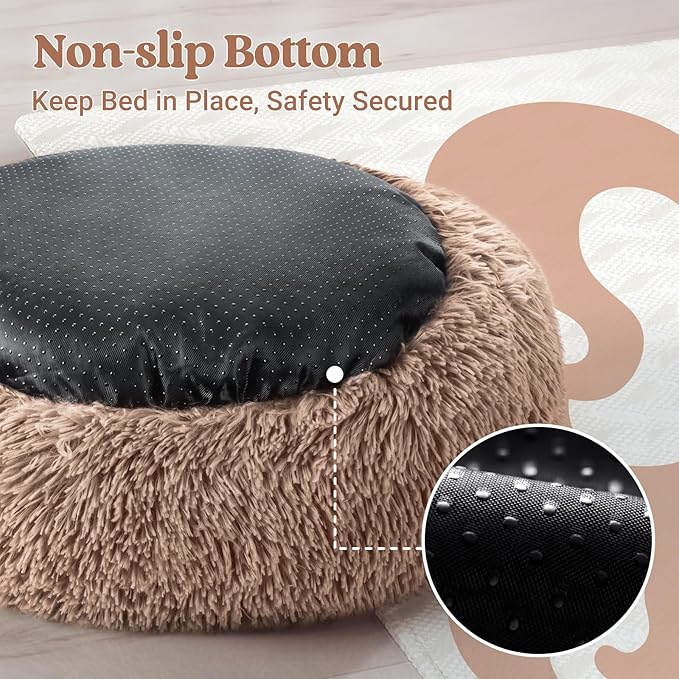 rabbitgoo Cat Beds for Indoor Cats, 20 inches Cat Bed Machine Washable, Fluffy Round Pet Bed Non-Slip, Calming Soft Plush Donut Cuddler Cushion Self Warming for Small Dogs Kittens, Light Brown, Medium