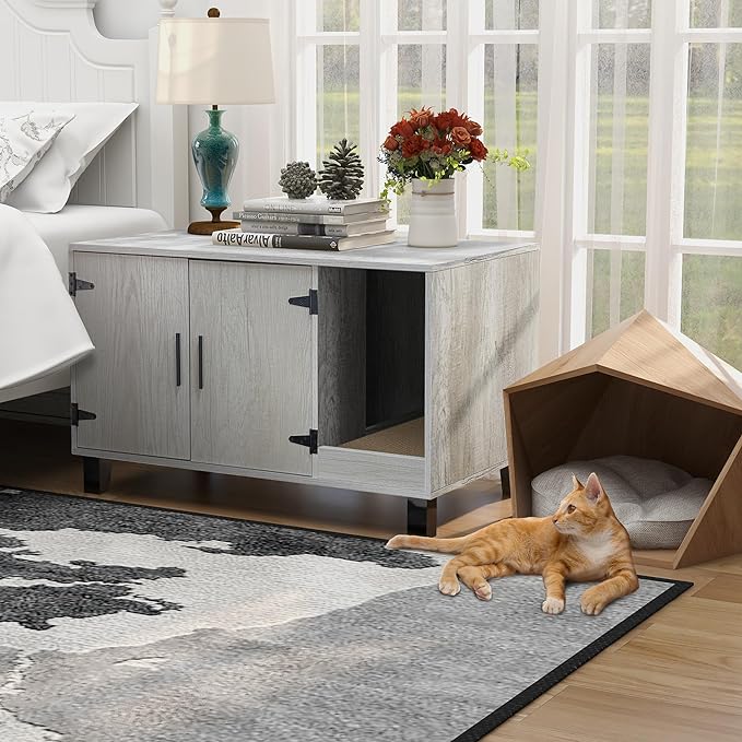 TaoHFE Litter Box Enclosure Cat Litter Box Furniture Hidden With Cat Scratch Pad Decorative Farmhouse Wooden Hidden Litter Box Cat House Litterbox Furniture Cat Box Furniture Litter Box Cabinet (Pine)