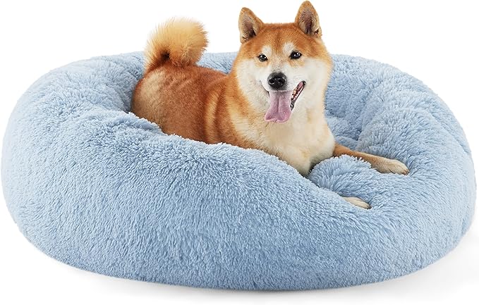 Bedsure Calming Dog Bed for Medium Dogs - Donut Washable Medium Pet Bed, Anti-Slip Round Fluffy Plush Faux Fur Cat Bed, Fits up to 45 lbs Pets, Blue, 30 inches