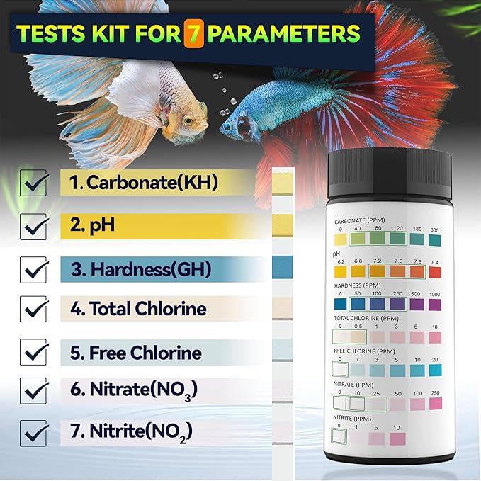 7 in 1 Aquarium Test Strips for Freshwater Aquarium - 100 Strips Fast & Accurate Aquarium Water Test kit for Fish Tank/Aquarium/Pond/, Monitors pH, Hardness, Chlorine, Nitrate, Nitrite and More