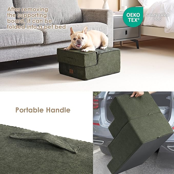 EHEYCIGA Dog Stairs for Small Dogs 13.5" H, 3-Step Dog Steps for Couch Sofa and Chair, Pet Steps for Small Dogs and Cats, Non-Slip Balanced Dog Indoor Ramp, Olive Green